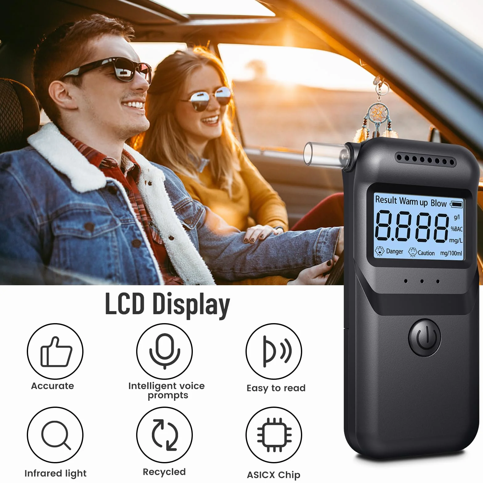FIVAVA Alcoholimetro Digital Homologado, Alcoholímetro Alcohol Test | Precisión ±0,01% | Portátil LCD Digital | 20 Boquillas Reutilizables | Test Alcoholemia Uso Doméstico/Profesional