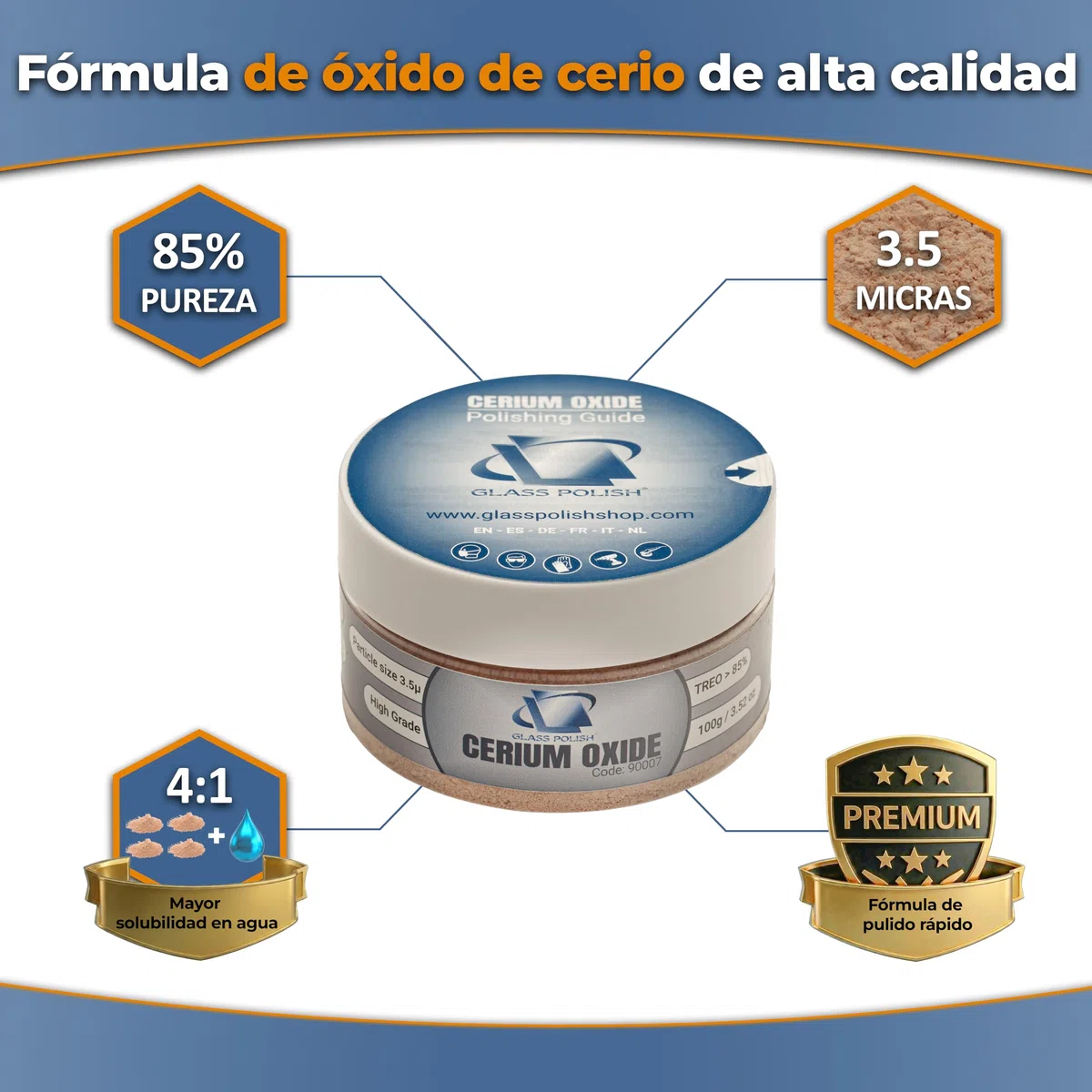 GLASS POLISH 100 g Cerium Oxide, Compuesto de Pulido de Vidrio de Óxido de Cerio Grado Alto 85% Puro, Fórmula Tratada en Suspensión, Partículas de 3,5 Micras, Rendimiento de Restauración Mejorado