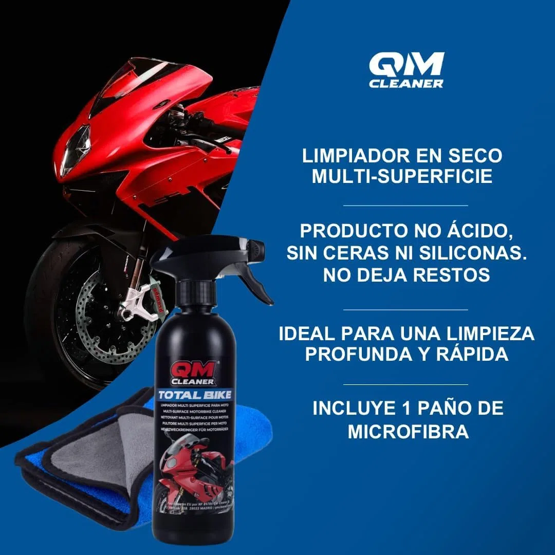 QM Cleaner Kit de Limpieza y Mantenimiento para Moto y Casco | Limpiador en seco multisuperficie y elimina insectos para casco. Incluye Total Bike(500ml), Helmet Cleaner(200ml) + 2 paños