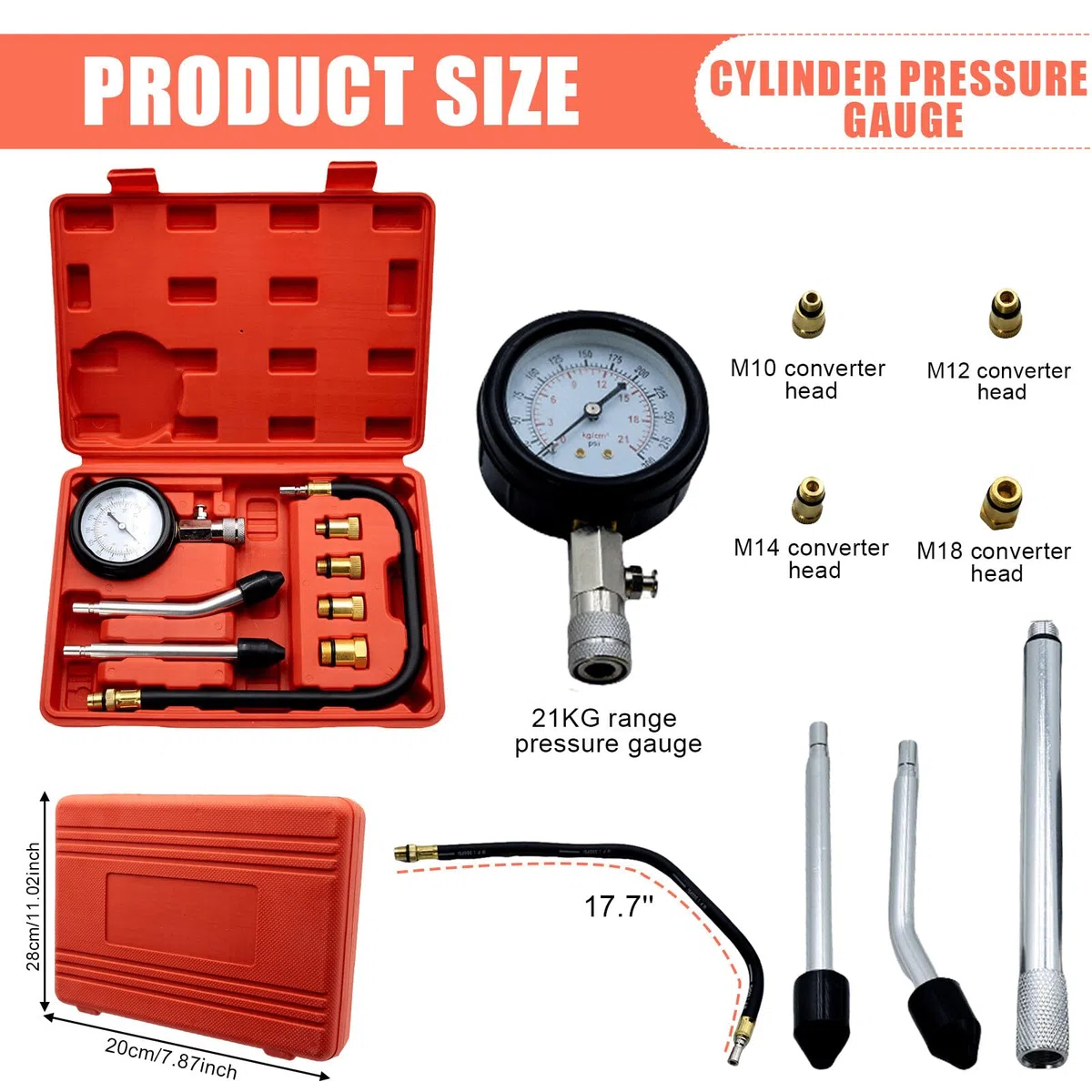 compresión probador kit de comprobador de compresión, medidor de gasolina, manómetro herramienta para motocicletas, motores fuera de borda, motos de nieve, coches