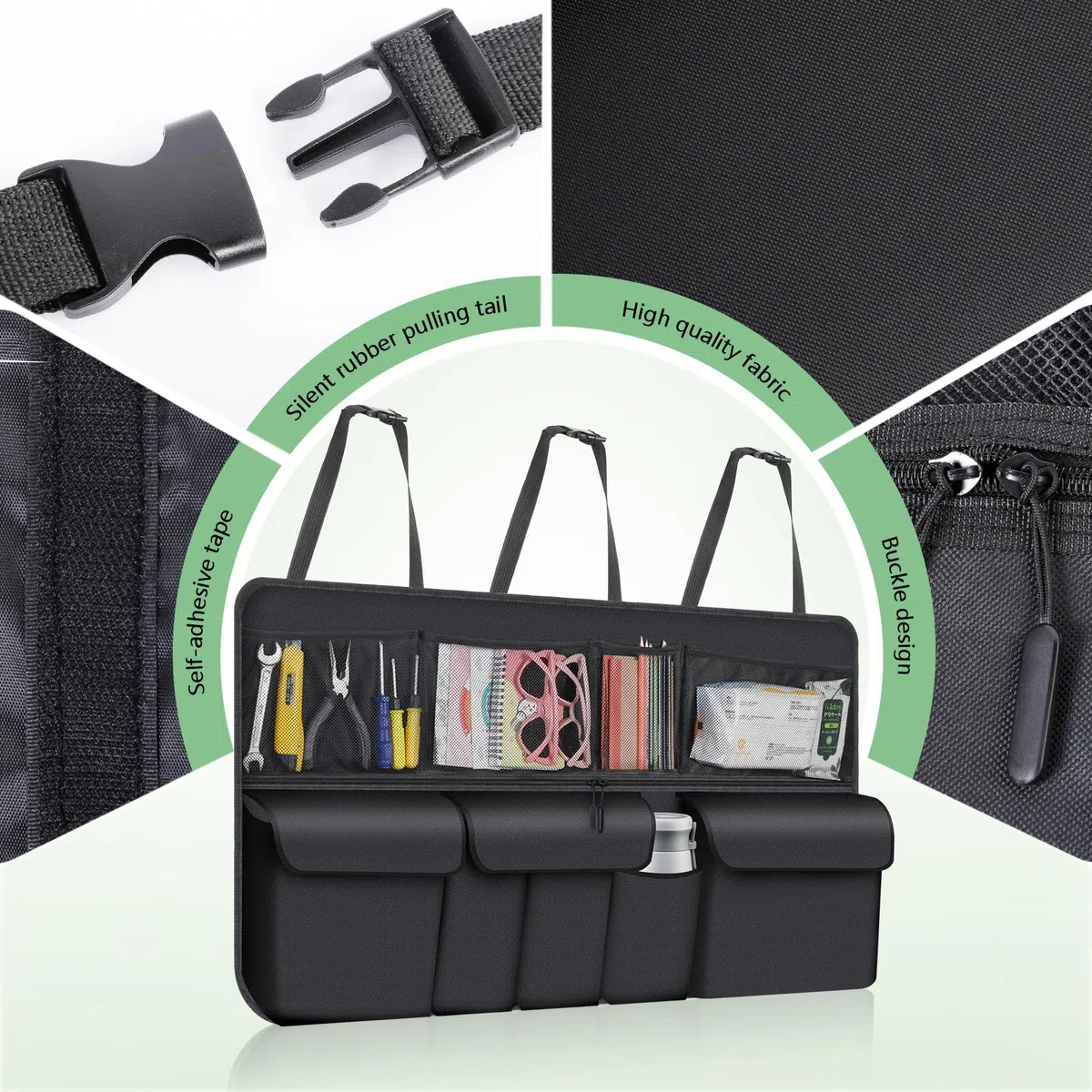 Romon Organizador de Maletero - Organizador de Maletero con Adhesivo de Doble Cara para Arañazos, Plegable, Impermeable, Resistente a la Suciedad con 9 bolsillos, 105x51 Cm, para SUV, Negro