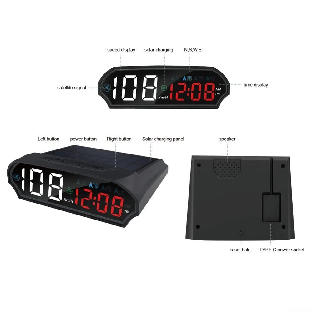 Coche solar HUD con velocímetro GPS y brújula, pantalla LED multicolor inteligente de detección de luz para salpicadero de vehículo