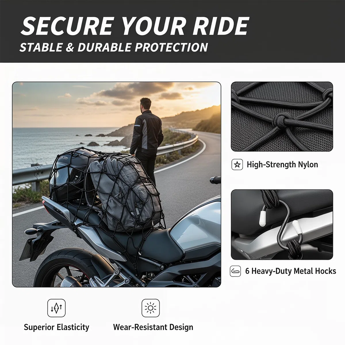 4 Pieza Red de Equipaje, Red para Equipaje de Motocicleta, Red para Casco con Ganchos, Viene con un Cordón de Sujeción para Motocicleta Adecuado para Sujetar Cascos o Equipaje de Motocicleta(Negro)