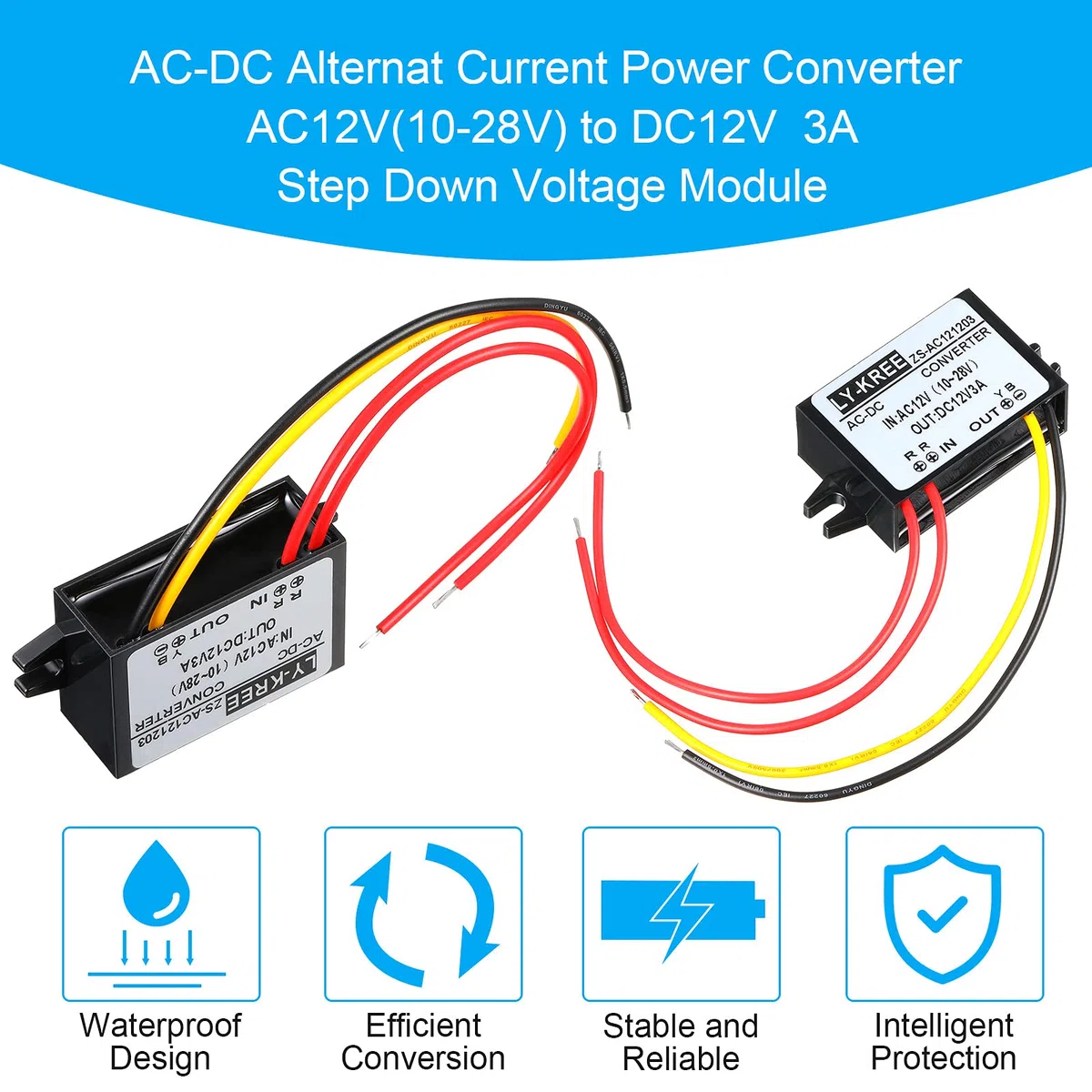 AC-DC Convertidor de Potencia AC 12V(10-28V) a DC 12V Convertidor de Voltaje Reducido Convertidor Reductor Impermeable IP68 Módulo Regulador de Voltaje para Pantalla Coche, 3A (2 Piezas)