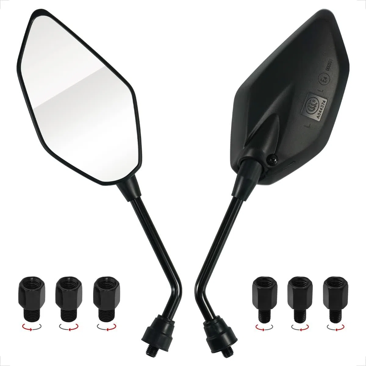Evermotor - Espejo retrovisor universal para moto y scooter lateral homologado E, espejo retrovisor E4, 1 rosca M10 a la derecha + 1 rosca M10 a la izquierda, 2 roscas M8 a la derecha + 1 rosca M8 a