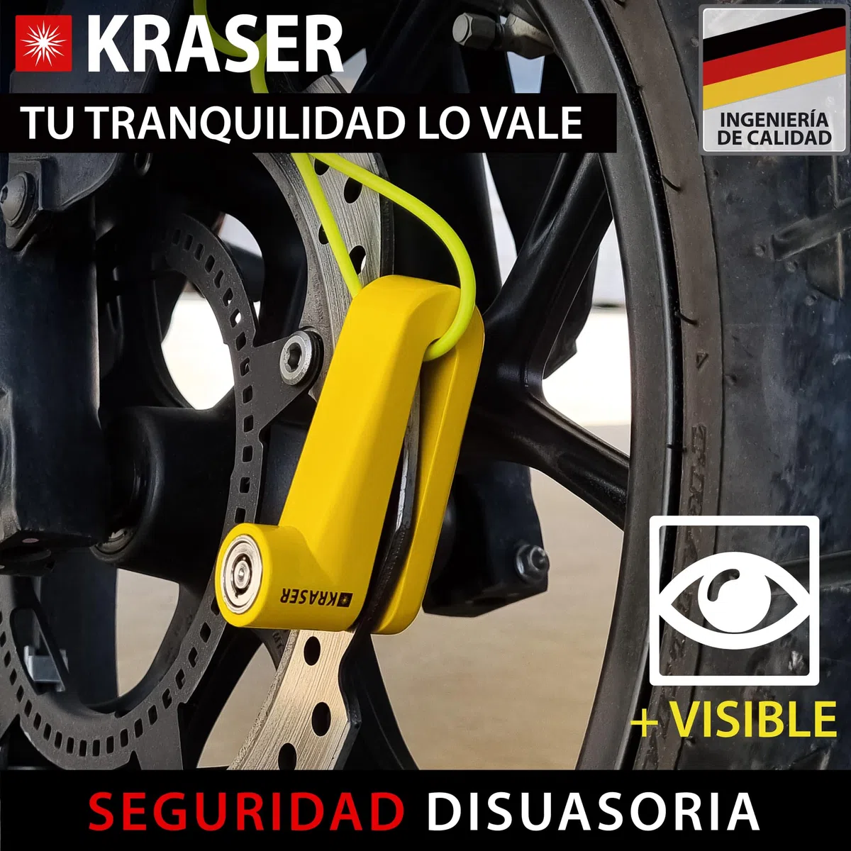 KRASER KR707Y Candado Moto Disco, Amarillo ø7mm Más Disuasorio, Cerradura Anti-taladro, Seguridad Compacta Facil Transporte, Antirrobo Bloqueo Pinza Disco Freno Moto, Bicicleta, Patinete Electrico