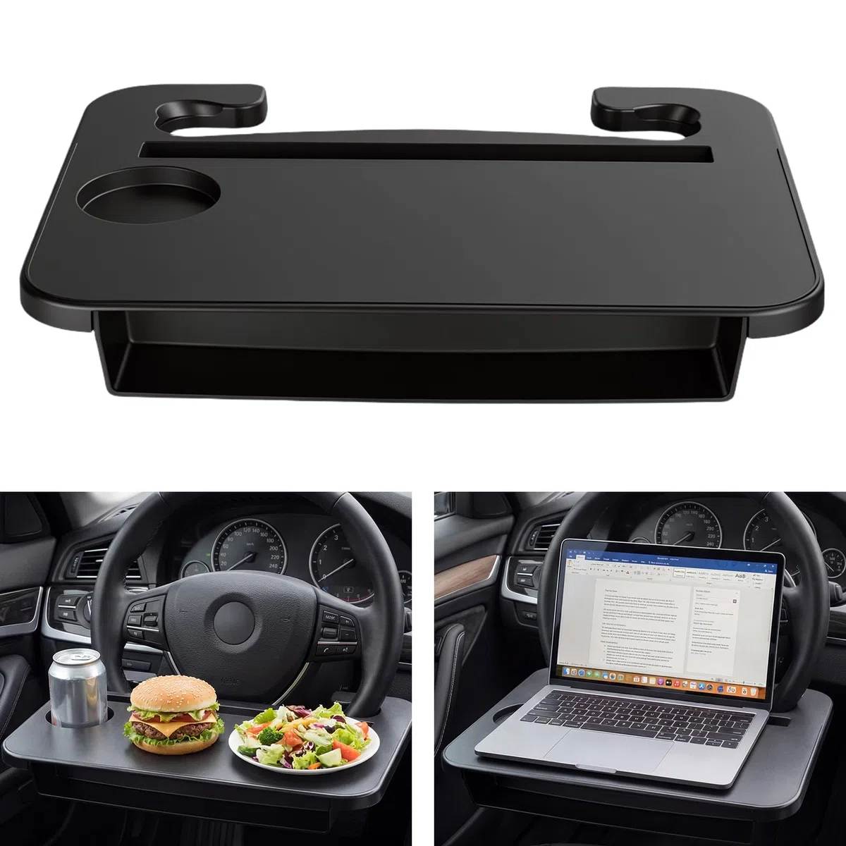 Soporte Volante, Mesa de Volante de Coche, Soporte Multifuncional Portátil para Portátil y Mesa de Comedor para Coche, 37 x 27,7 cm, Apto para la Mayoría de los Coches, Volantes con Portavasos