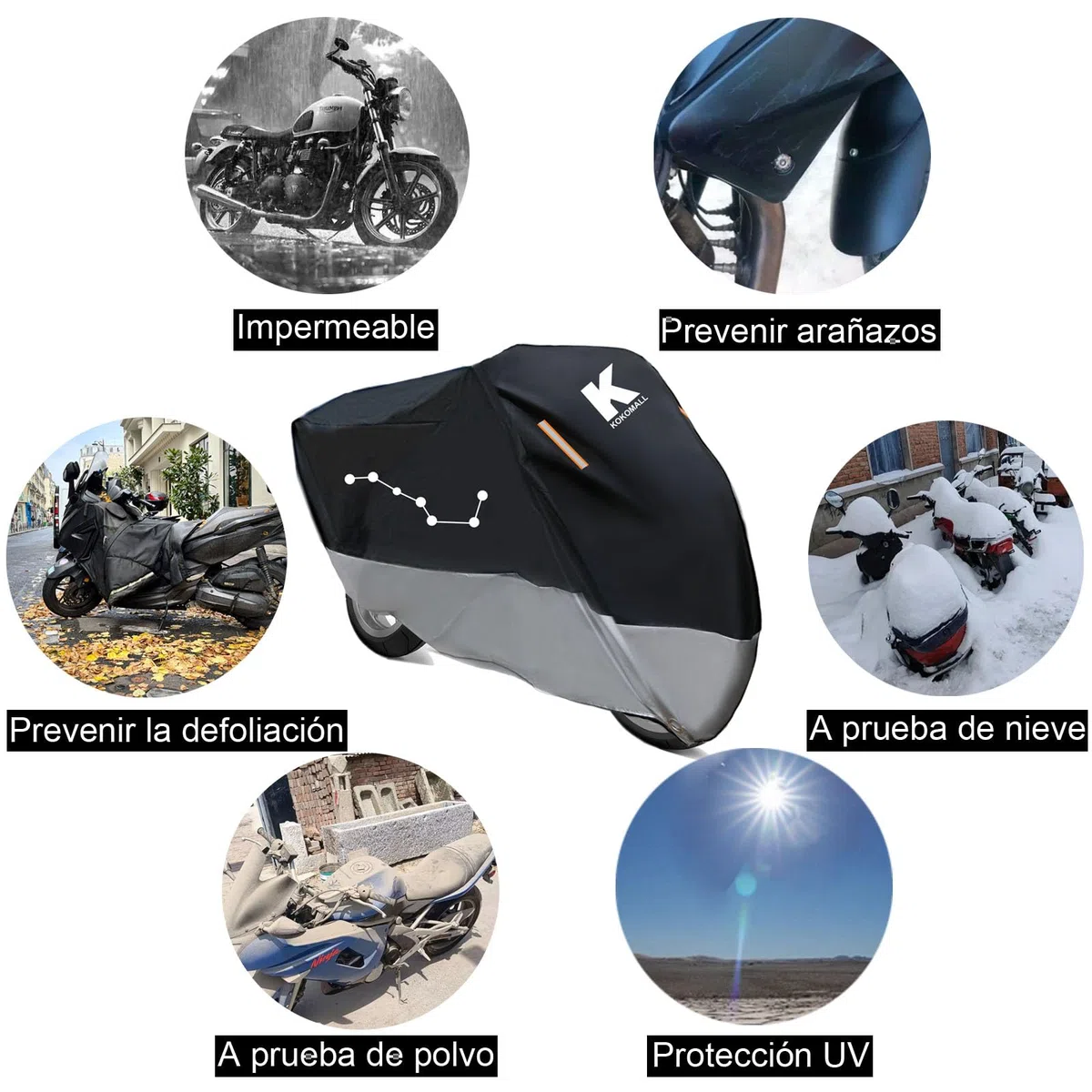 Funda para Moto Impermeable, Cubierta Moto Exterior Interior 210D Poliéster Protección UV,Correa a Prueba de Viento y Tira Reflectante Compatible Cubre Scooter/Motocicleta 3XL(265x105x125cm)