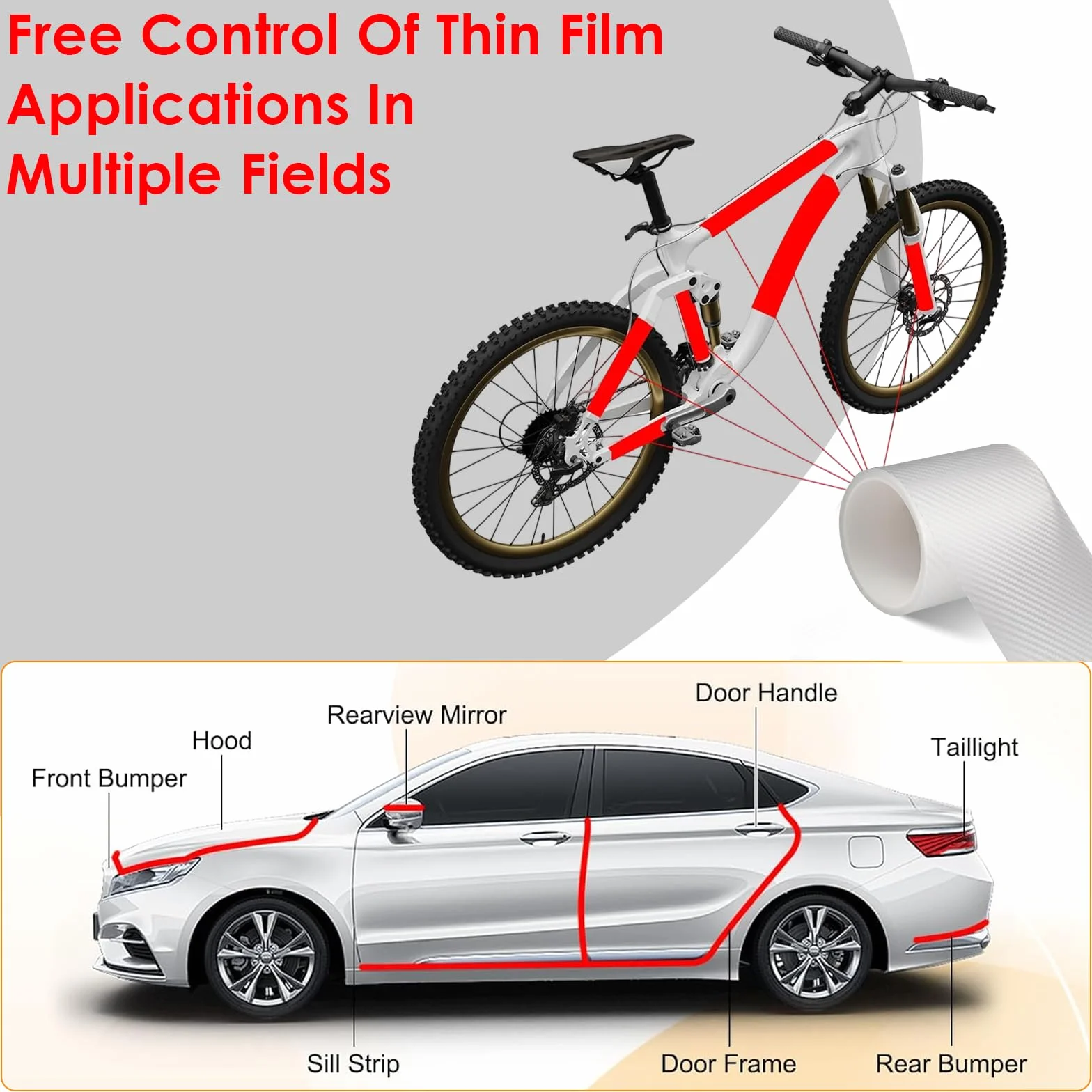 Protector Parachoques Coche, 10cm x 3m Vinilo Protector Bicicleta, Vinilo Fibra Carbono Para Moto, Adhesivo Protector para Marco de Bicicleta, Anti-Arañazos, para MTB, E-Bike