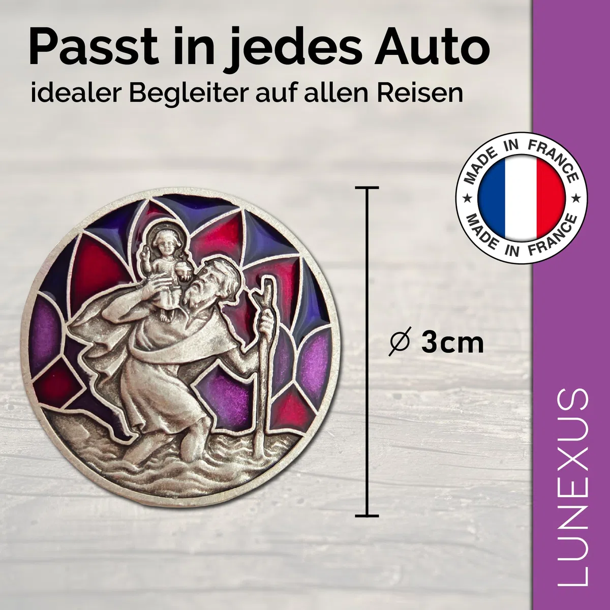Placa de Coche de San Cristóbal Morado - Bendecido con Certificado - Incluye Bolsa de Terciopelo - Imán y Tiras Adhesivas - Amuleto de la Suerte Conductor patrón Viajero - Regalo Cristiano