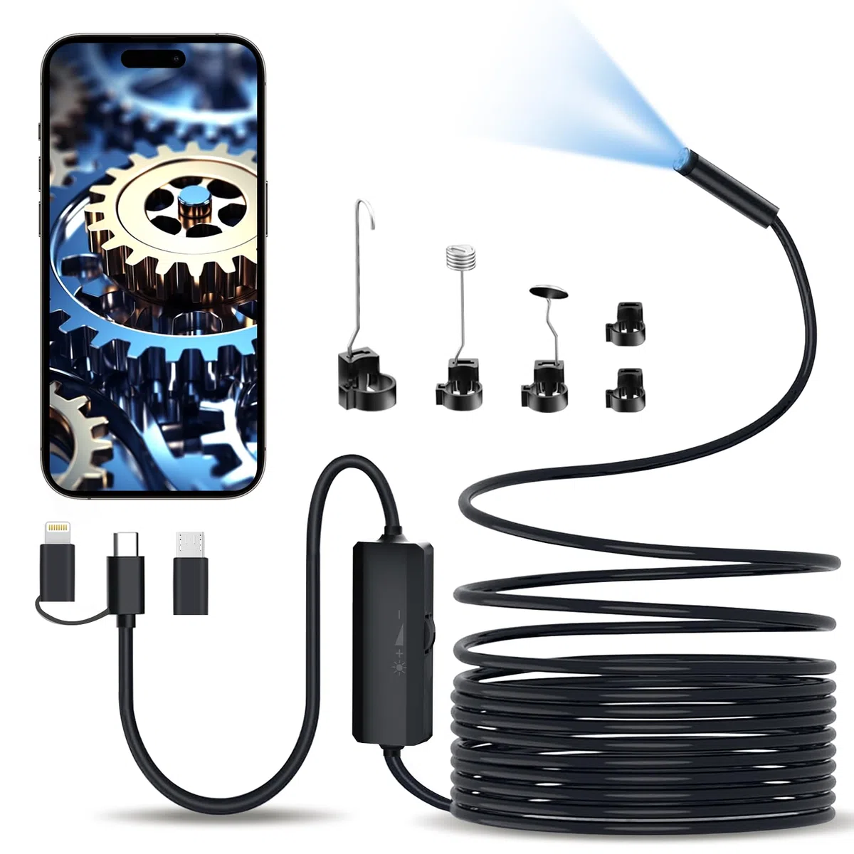 Endoscopio Cámara de Inspección 1920P，3 en 1 USB Cámara Endoscópica, Cámara de Alcance con 8 Luces LED para Android e iOS Smartphone, iPad (16.5 FT/5M)