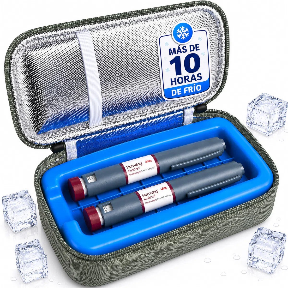 Nevera Insulina Portátil — Estuche Frío para Insulina y Medicamentos, Bolsa Isotérmica Viaje 21x9x6cm con Porta Plumas, Bolsa de Hielo Reutilizable, Forro Aluminio para Diabéticos (Verde)