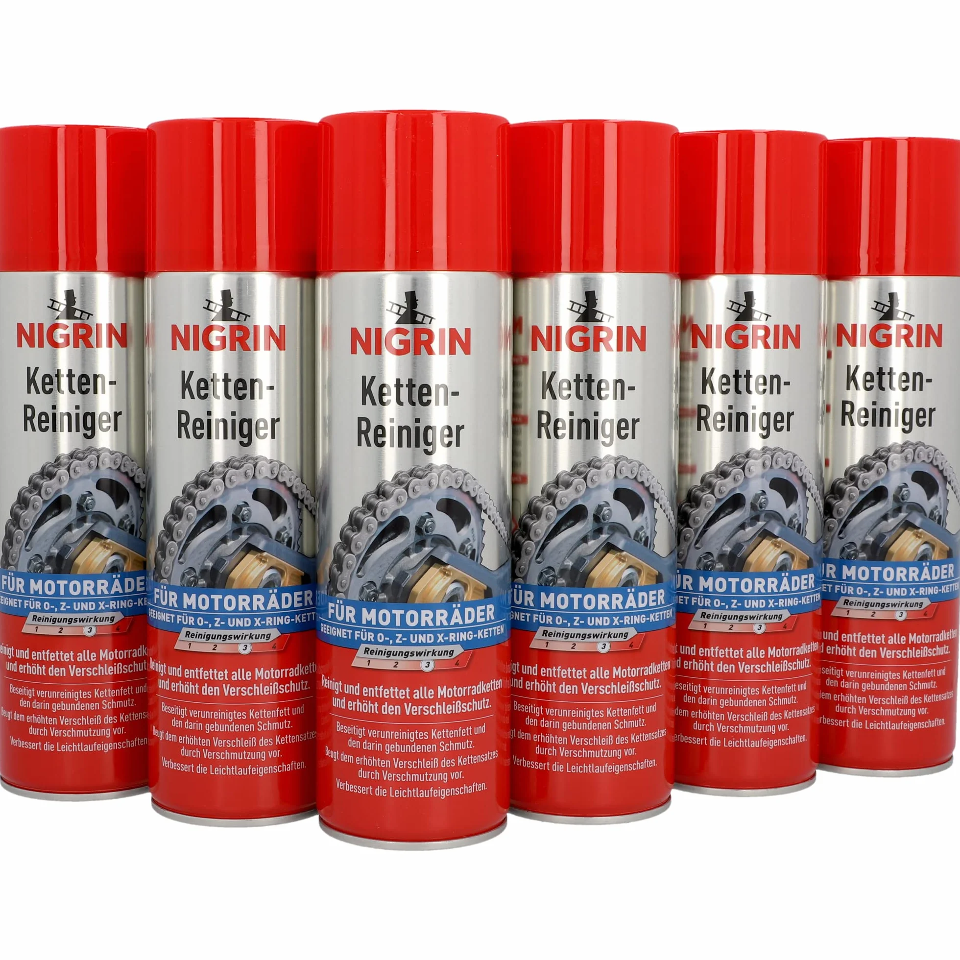 Nigrin 20854-6 limpiadores de cadena de 500 ml, spray de cadena para moto, limpia y desengrasa las cadenas de la motocicleta, incoloro