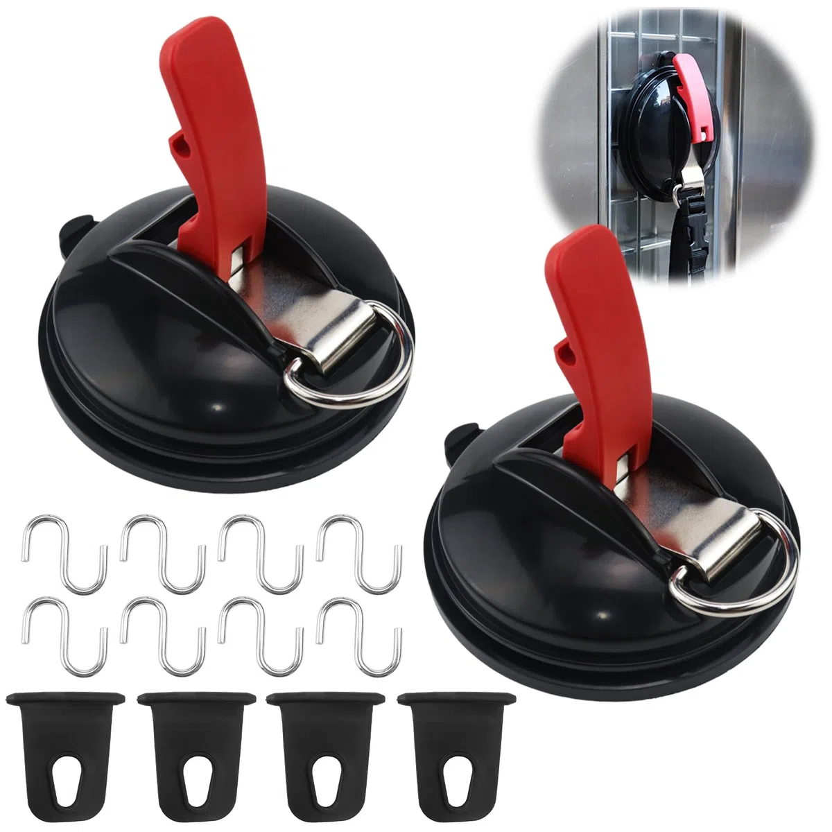 Raxfekro Juego de 2 ventosas con 8 ganchos en S y 4 ganchos de silicona para toldos, ganchos de ventosa para camping, ventosa de coche, adecuado para camping, tienda de campaña, caravana, tensor de