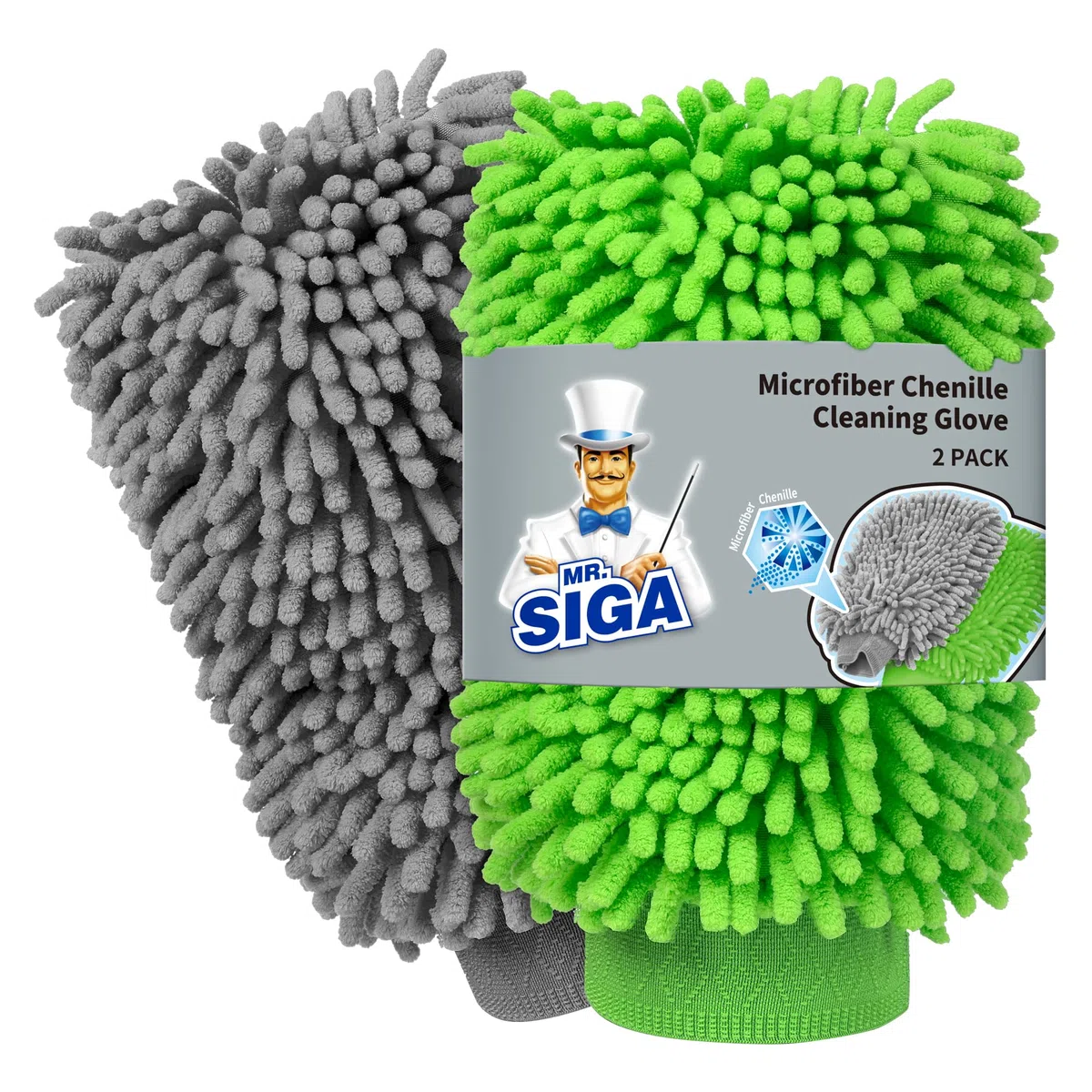 MR.SIGA Guantes Premium de Microfibra Suave Chenilla para Lavado de Coches, 2 uds, Gris y Verde