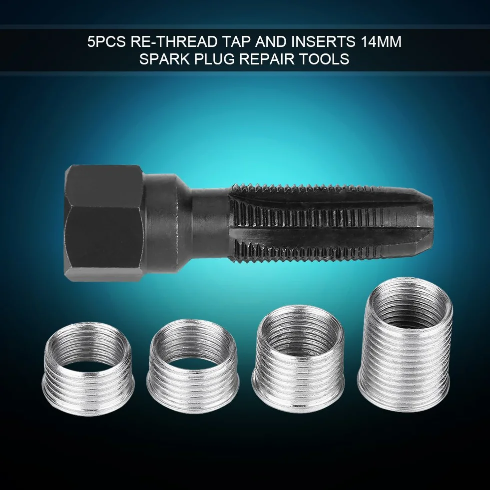 Kit de reparación de roscas de bujías, 5 piezas de acero al carbono, herramientas de roscado de bujías con rciones para reparación de bujías de 14 mm