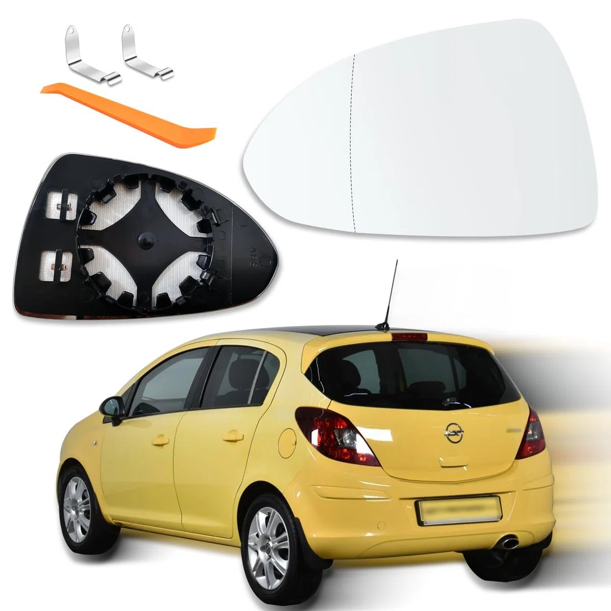 Cristal de Espejo Izquierda Reemplazar para Opel Corsa D 07.2006-08.2014 Corsa E 09.2014-06.2019, Calentable Cristal de Retrovisor Exterior con Placa de Soporte y Accesorios