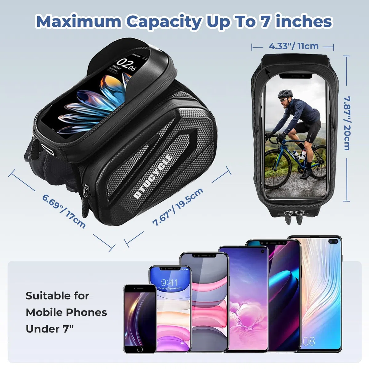 Bolsa Móvil para Cuadro de Bicicleta, Bolsa Bicicleta Cuadro 2L Soporte Movil Ciclismo con Pantalla Táctil TPU para Smartphone de hasta 7'' para Bicicletas de Montaña y Carretera, E-Bike