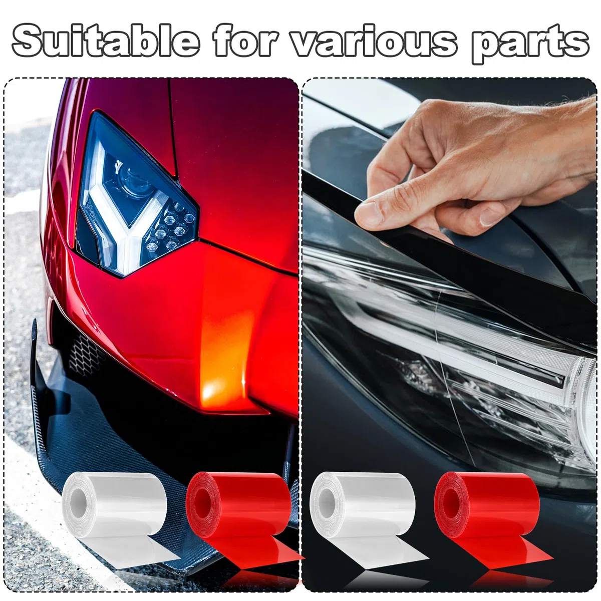 Gosknor 4 Rollos Cinta de Reparación de Luces Traseras, 5 m x 5 cm Cinta Adhesiva Reparación de Faros Delanteros y Traseros para Faros Traseros Auto Faros Luces Antiniebla (2 Rojas, 2 Transparentes)
