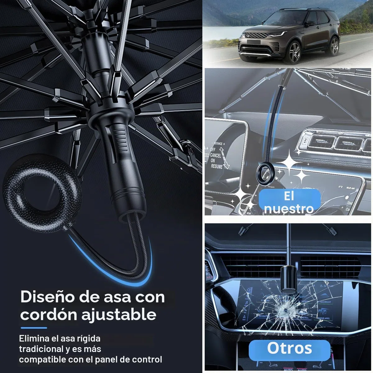 Parasol Coche 10 Bone Marco de Acero Completo Marco con Punta de Goma Blanda Diseño con cordón Excelente Resistencia a la luz y al Calor Parasol Coche Delantero 135 x 75CM