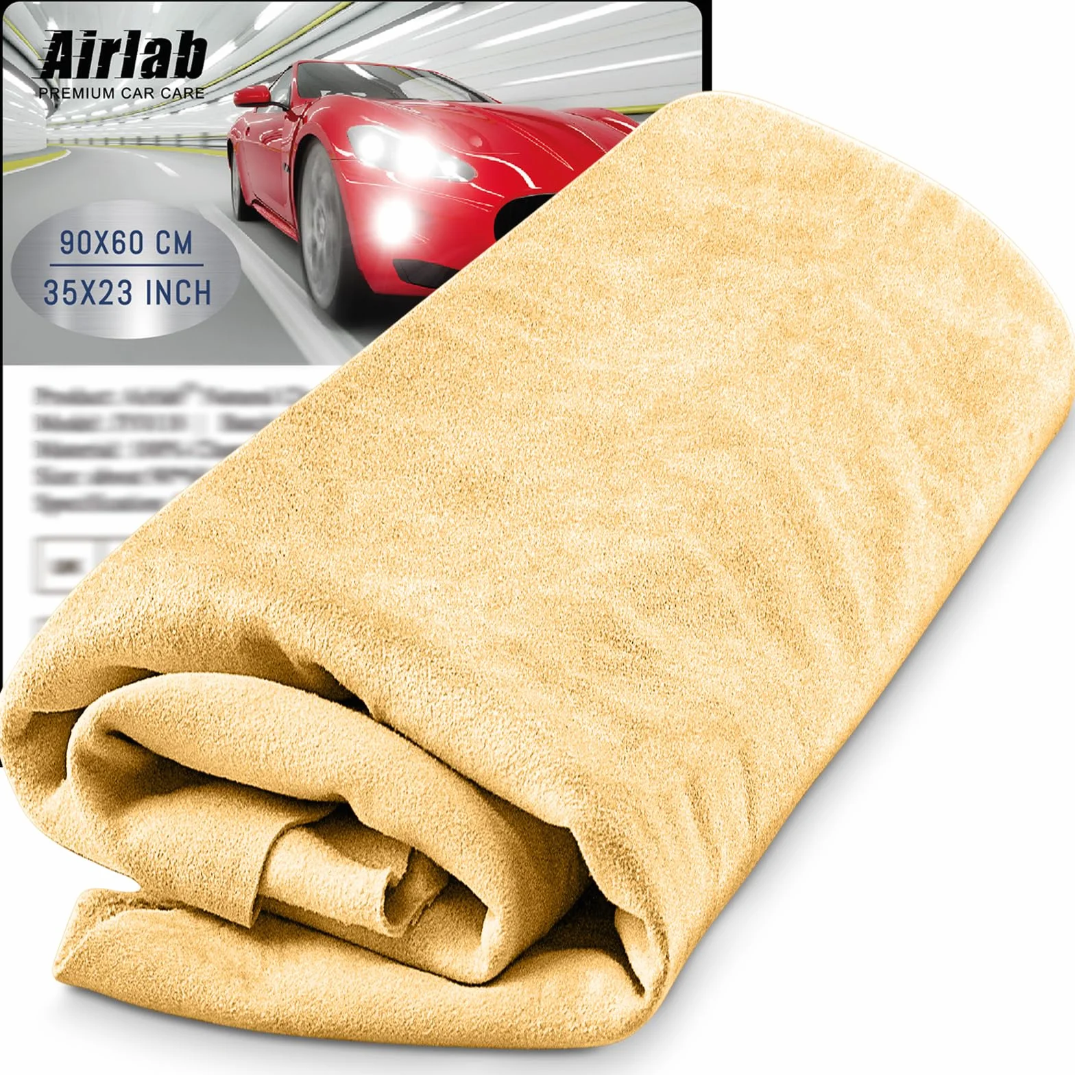Airlab Grande Gamuza Coche Secado XXL/90x60 cm, Gamuza Piel Natural, Toalla de Cuero, Trapos Limpieza Sin Pelusas & Sin Rayones, Paños de Bayeta Balletas para Moto, Vehículos, Cristales, Ventanas