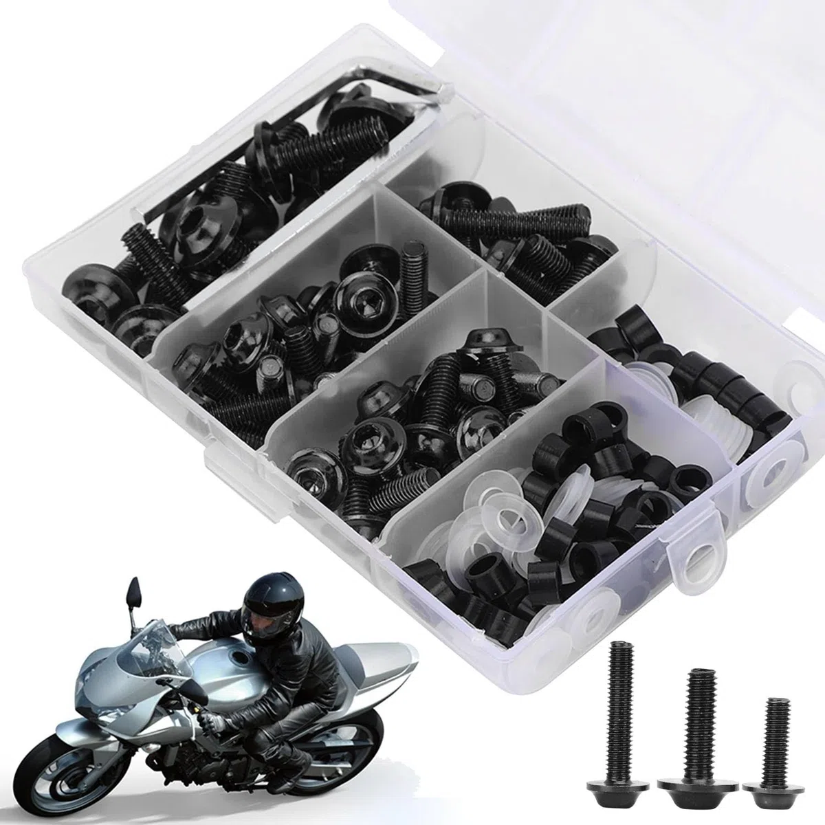 Kit de tornillos para carenado de motocicleta, Juego de pernos en acero inoxidable negro con herramientas, 158 piezas para mantenimiento y modificación de motos, Set completo para DIY