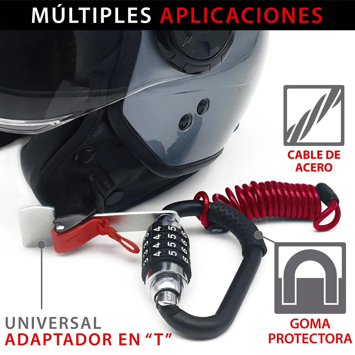 KRASER KR723B Candado Mosquetón Casco Moto, Cerradura Combinación 4 Digitos Más Fuerte, Adaptador T y Cable Seguridad, Compacto Accesorio Antirrobo Universal para Casco Moto Bicicleta Chaqueta