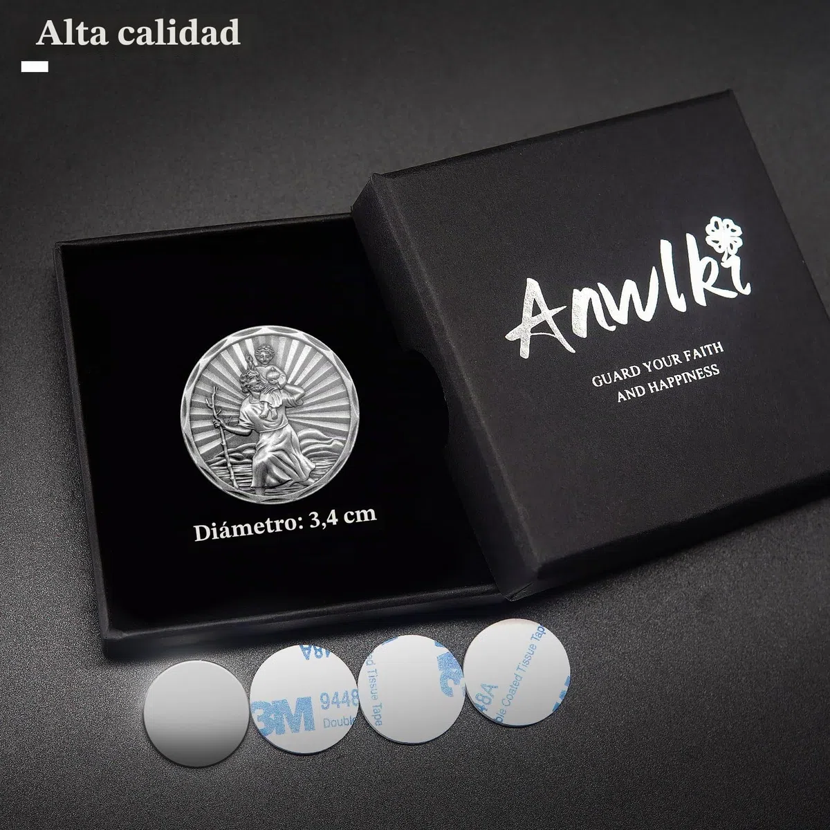 Placa de San Cristóbal para Coche, diámetro de 3,4 cm, Medalla de San Cristóbal para protegernos y Venir a casa, con imán y 3 Pegatinas Adhesivas de Doble Cara, 1 Pieza de Hierro (Plata Vieja)