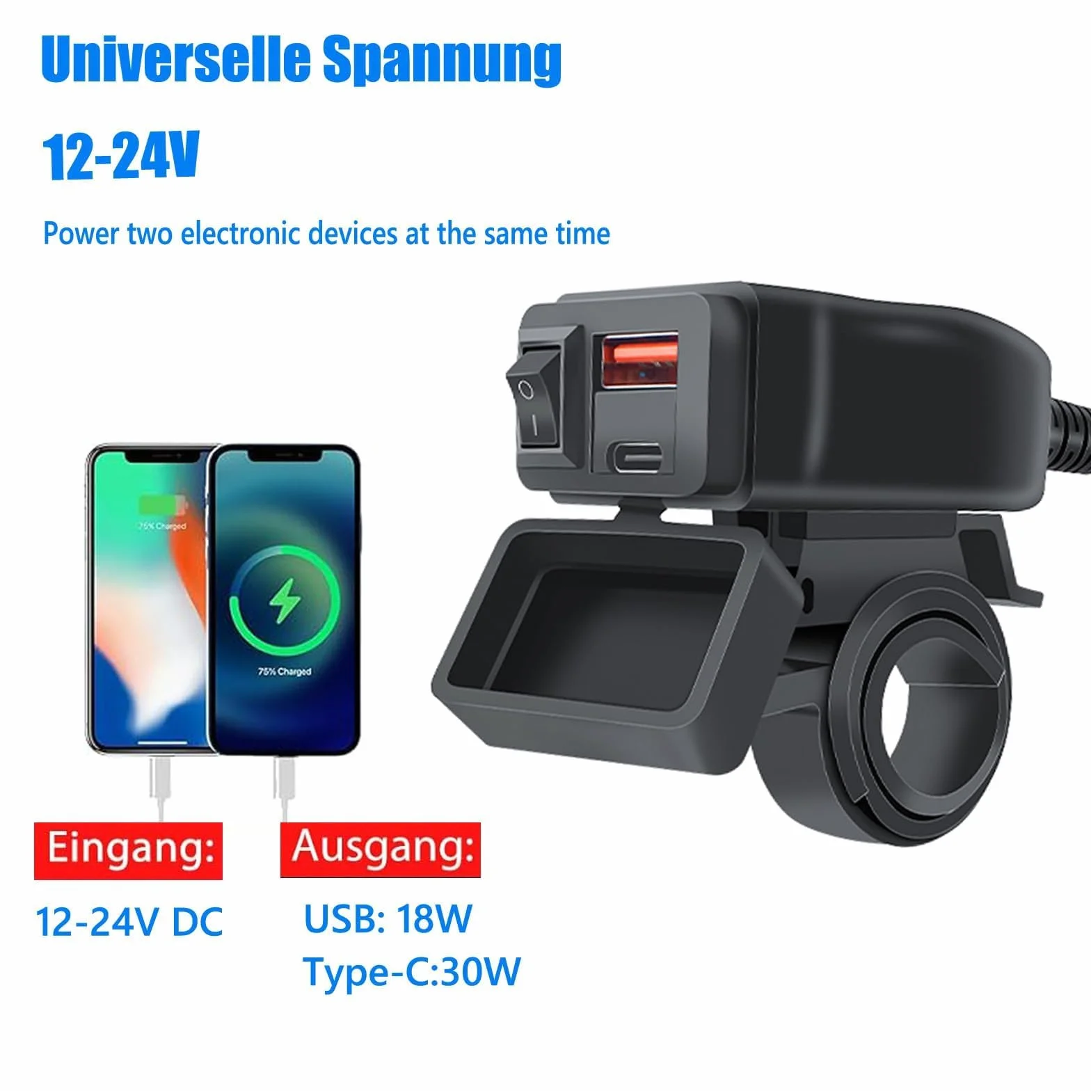 Cargador USB para Moto 48W, IP65, 2 Puertos (QC3.0 18W + PD3.0 30W) con Interruptor y Voltímetro LED, Toma USB-C 12-24V – para Viajes/Exteriores – Compatible con Teléfonos/GPS/Cámaras