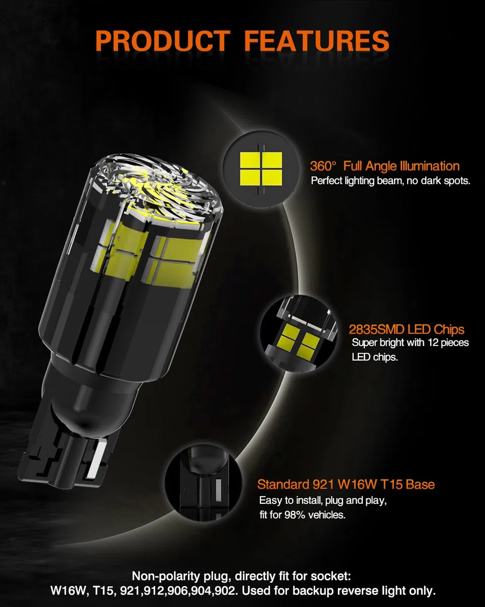 2 Piezas T15 W16W LED Bombilla 6000K Blanco Frío 12SMD 921 912 955 Bombilla Automotriz Canbus Sin Error 2000LM para Luces de Marcha Atrás para Automóviles 12V 24V