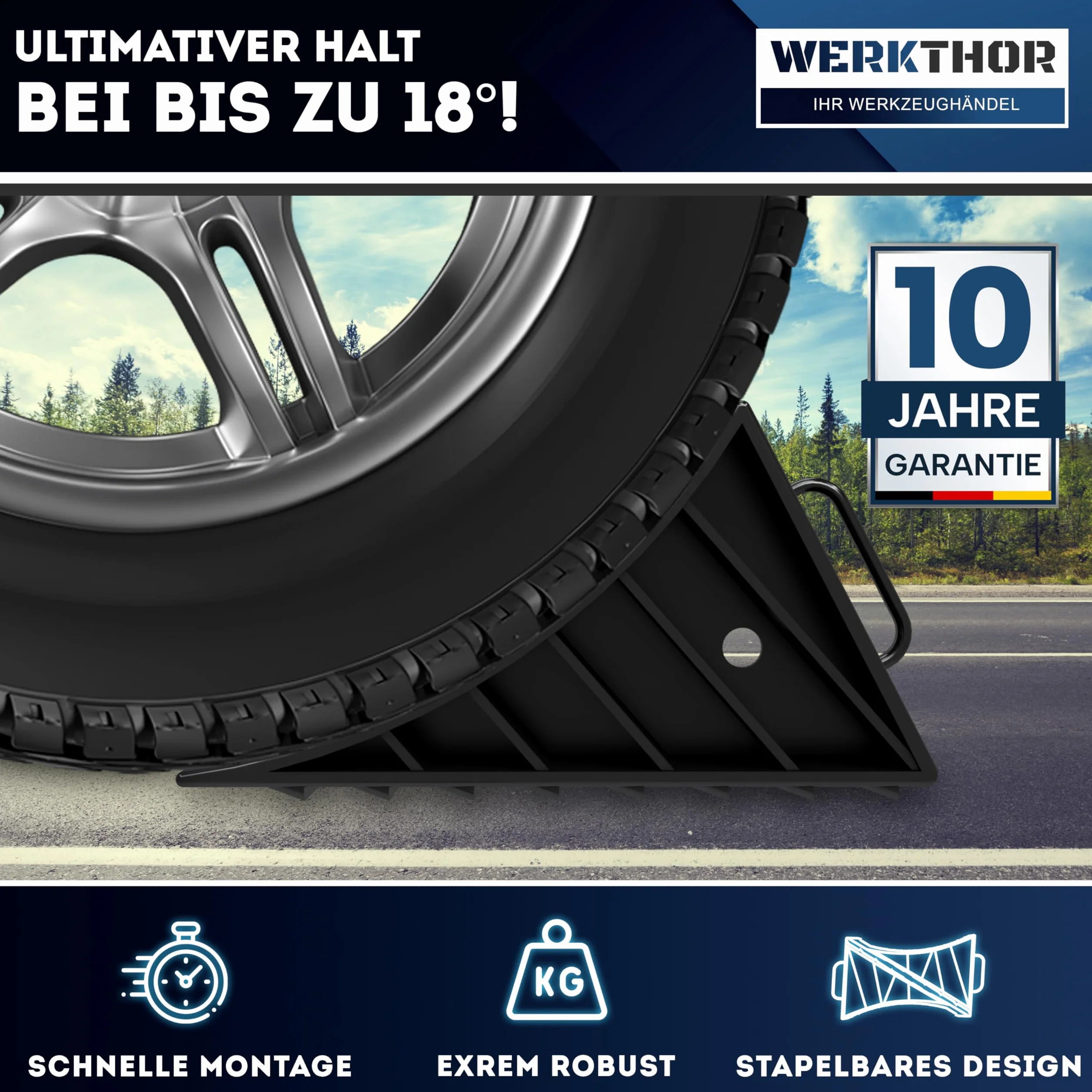 WERKTHOR Calzos de Rueda con Soporte [Juego de 2] y Material de Fijación - Calzos de Rueda para Remolques de hasta 1600kg de Carga por Eje - Cuñas Accesorios para Remolques de Coches