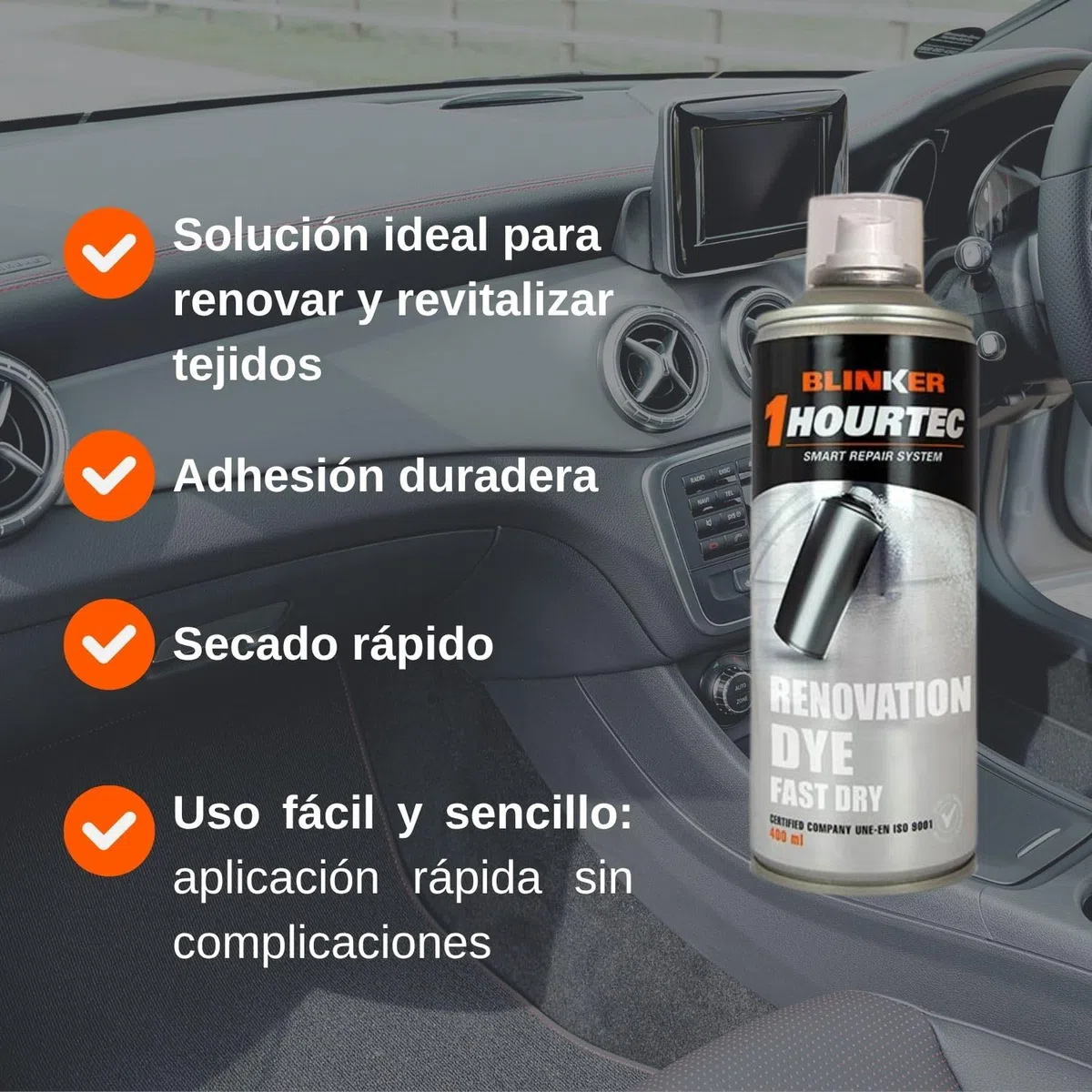 Blinker - Pintura Spray para Textiles - Tinte Colorante Restaura y Revitaliza Alfombrillas Tapizado Textil Moquetas - Adhesión Duradera Secado Rápido - Color Negro - 400ml