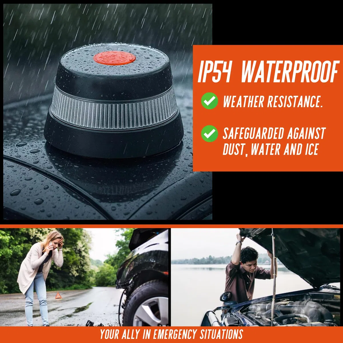 MAGIC SELECT Luz Emergencia V16 Homologada DGT con Geolocalización para Señalización en Carretera de Coche y Moto. Luz Naranja Intermitente 360º, Base Imantada, 3 Pilas AA Incluidas (1UD)