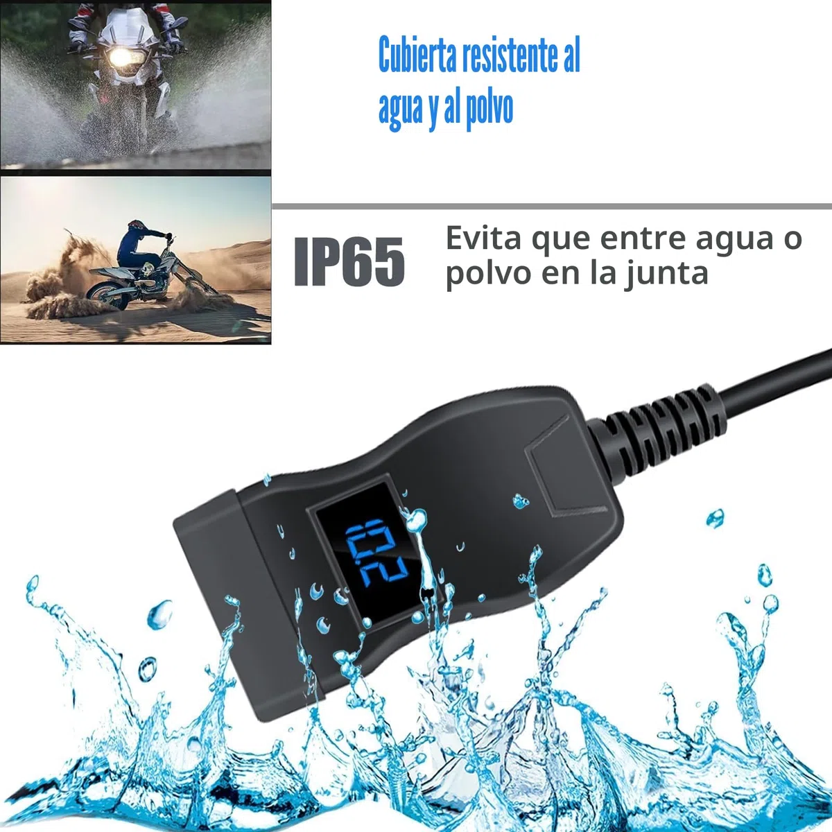 Cargador USB para Moto 48W, IP65, 2 Puertos (QC3.0 18W + PD3.0 30W) con Interruptor y Voltímetro LED, Toma USB-C 12-24V – para Viajes/Exteriores – Compatible con Teléfonos/GPS/Cámaras