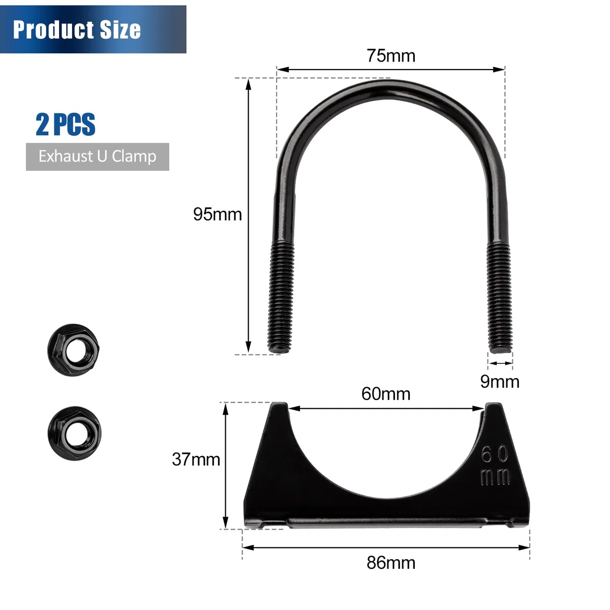 2PCS Abrazadera para Tubo de Escape - Abrazadera de Silenciador Tipo U Universal de Acero Inoxidable Reforzado en Negro para Conexión de Tubo de Escape de Coche (60MM)