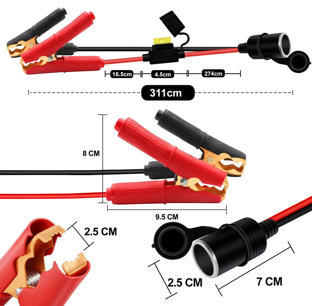 Pinzas de Bateria a Encendedor de Cigarrillos 12V 24V 14AWG Cable con Pinza de Cocodrilo para Encendedor de Cigarrillos Hembra con Fusible 20A para Automóviles, Barcos (3 m)