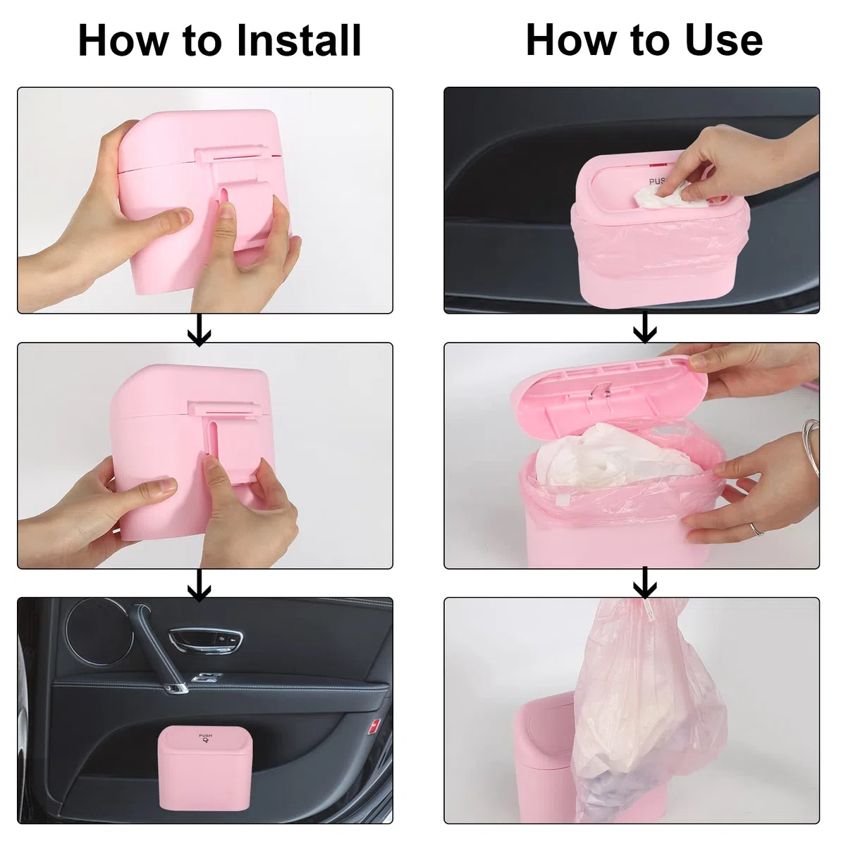 DUTIFUL Cubo de basura pequeño para coche, con tapa, con 105 bolsas de basura y 4 ganchos para asiento de coche, accesorios para almacenamiento y organización