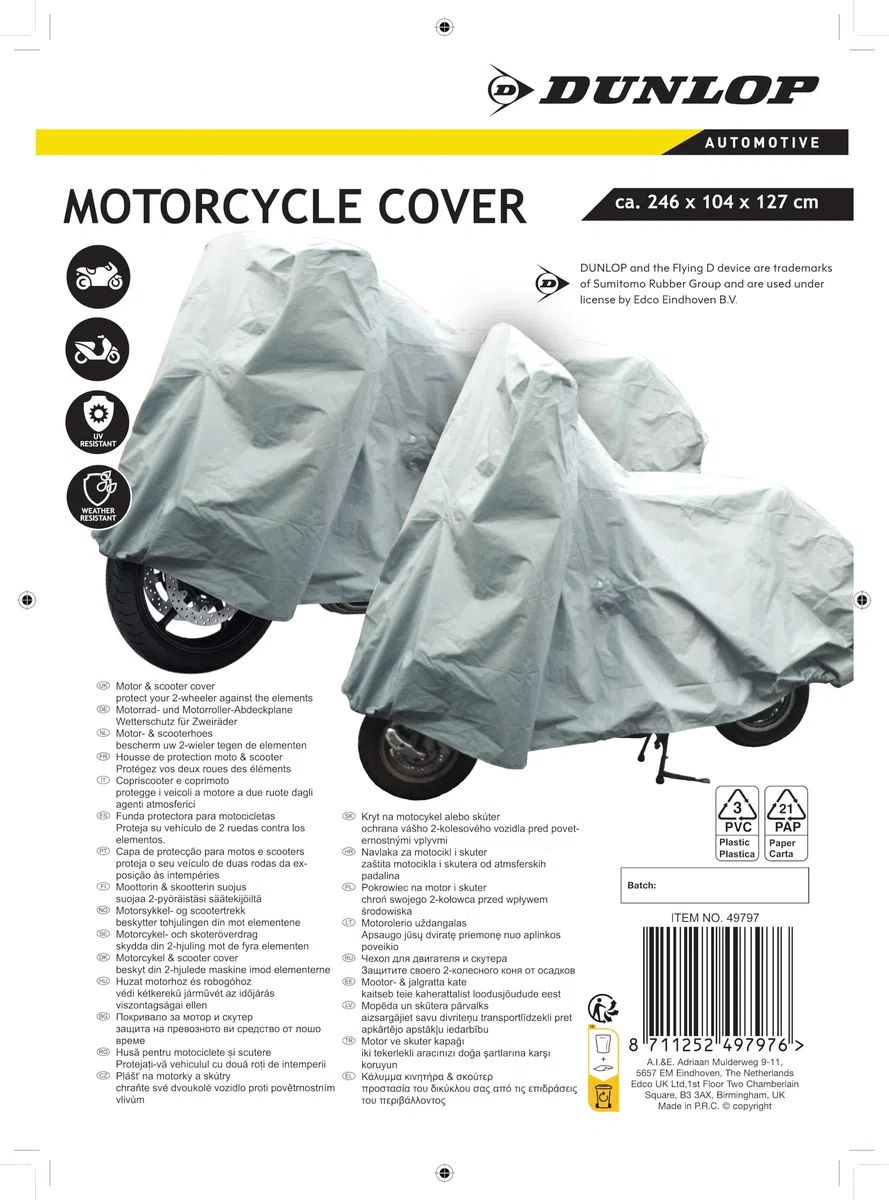 Dunlop Lona Protectora Universal para Moto, Apta para Parabrisas, Impermeable, para Exteriores, 246 x 104 x 127 cm, plástico, Color Gris