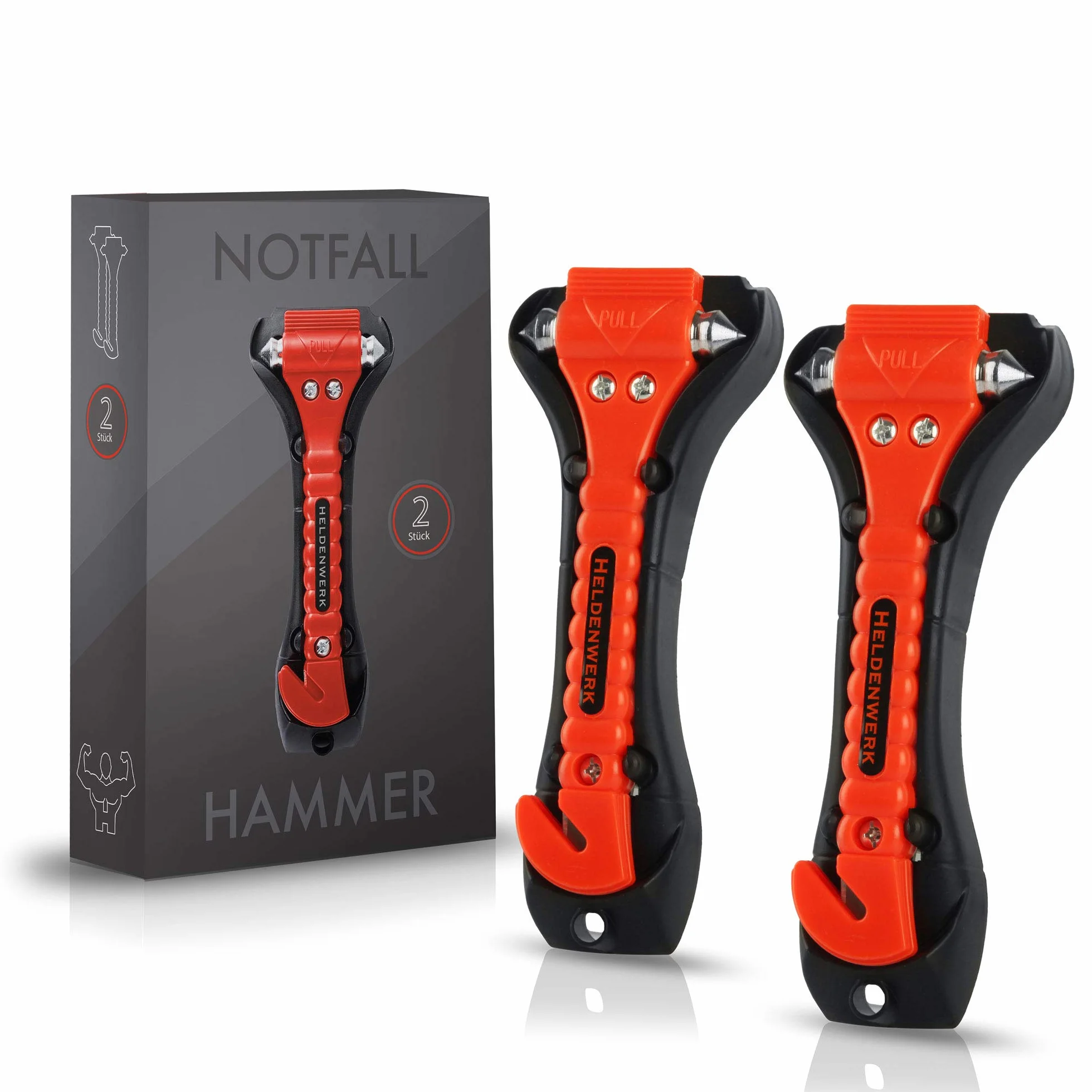 Heldenwerk 2 Piezas Martillo de emergencia coche con cortacinturones - Rompe Cristales y Cinturones con puntas endurecidas - Martillo seguridad coche
