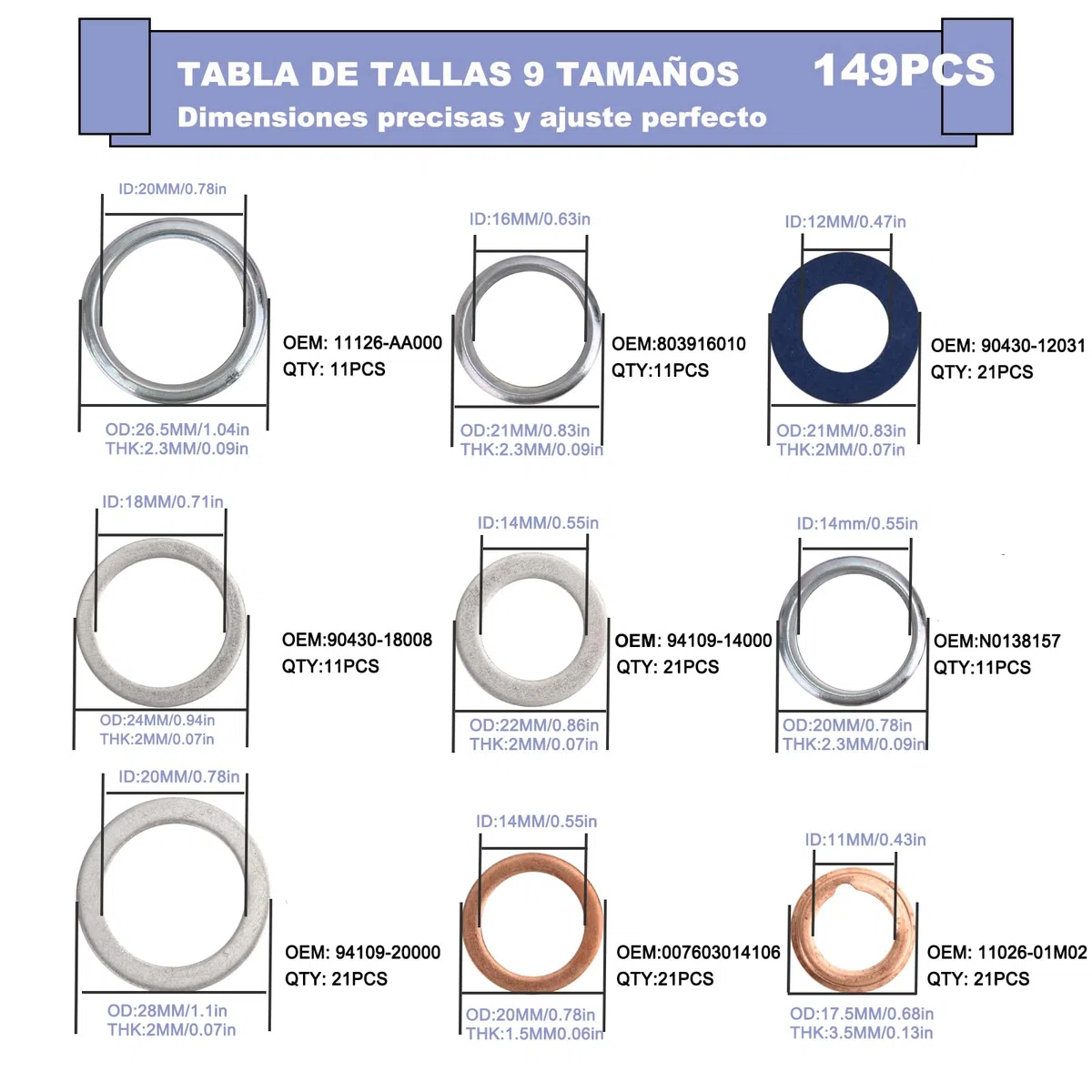 Juego de 149 juntas de tapón de drenaje de aceite, 9 tamaños, piezas de repuesto de motor automotriz, kit de sellos de arandelas para Toyota, Honda, Subaru, VW, Audi, Mercedes Benz