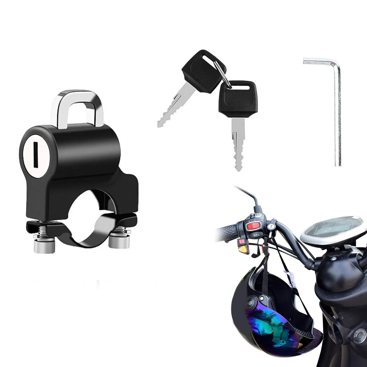 Bloqueo de Casco, Cerradura de Casco de Moto, Helmet Lock, Cerradura Casco, Candado Universal para Casco con Llaves, para Tubo de Manillar de 22-28 mm, Motocicleta, Bicicleta o Scooter