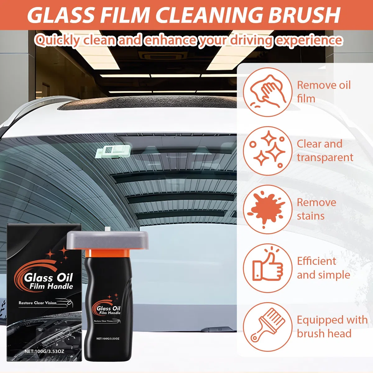Limpiador De Película De Aceite Para Cristales De Coche, Pack De 2 Emulsión Limpiadora Con Cepillo,Adecuado Para Cristales Y Ventanas De Automóviles.