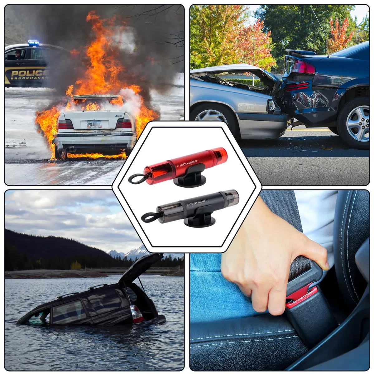2 Piezas Rompe Cristales y Cinturones, 2 en 1 Martillo de Emergencia Coche, Herramienta de Rescate de Emergencia Esencial para Coches y autobuses Negra + Roja