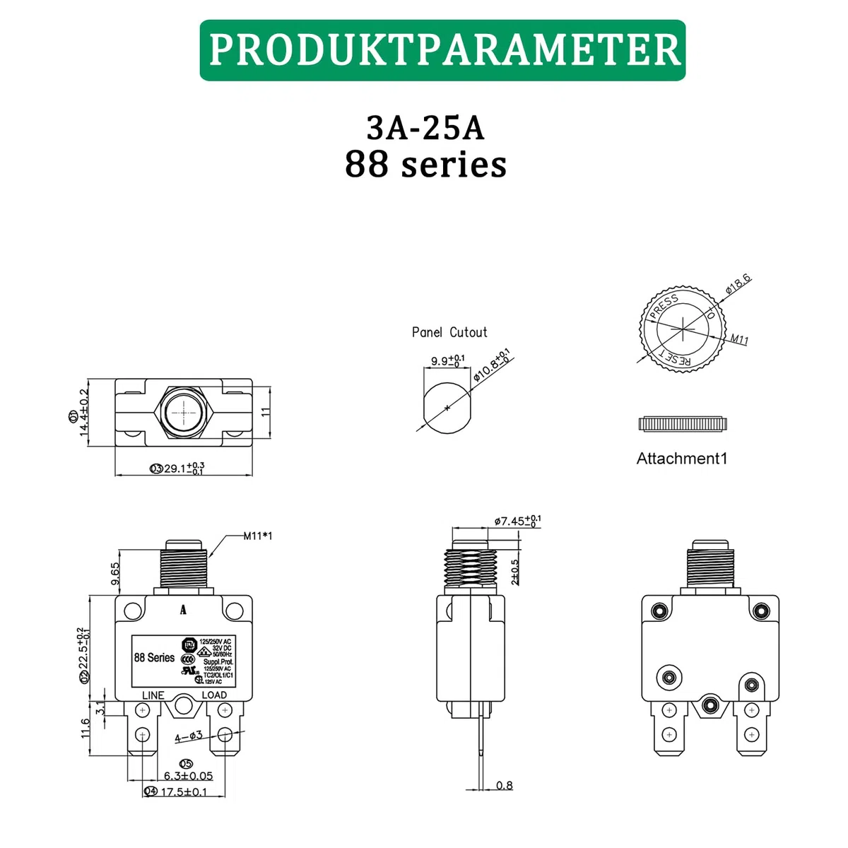 Disyuntor de 15 A con protección térmica contra sobrecarga 88 Series Manual Push Button Reset con terminales de conexión rápida y tapa de tecla impermeable 32 V CC o 125/250 V CA, 4 unidades