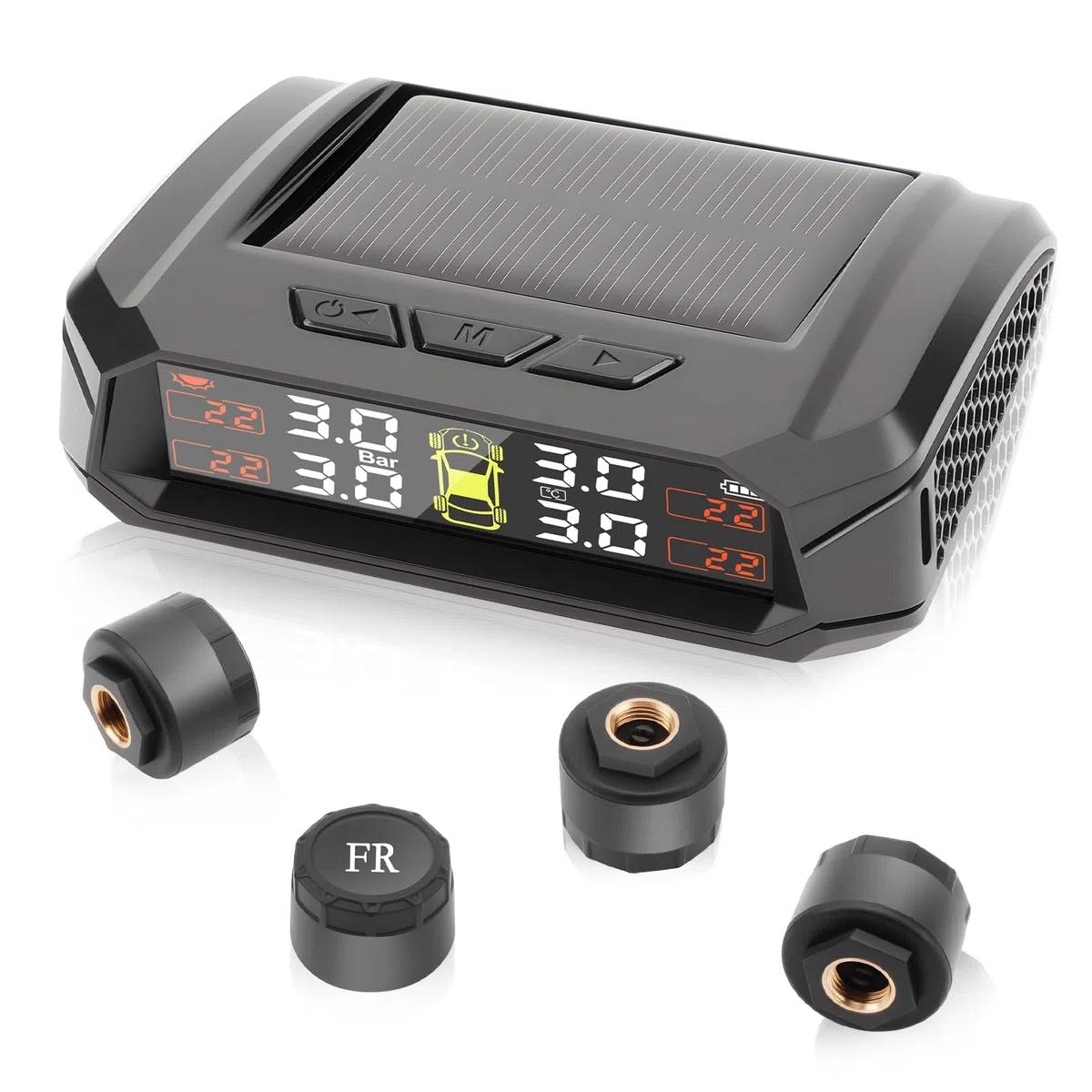 KAOLALI Sistema de control de presión de neumáticos TPMS inalámbrico, 4 ruedas, 3,5 bar/50 PSI Max, carga solar y magnética, para camiones, caravanas, autobuses