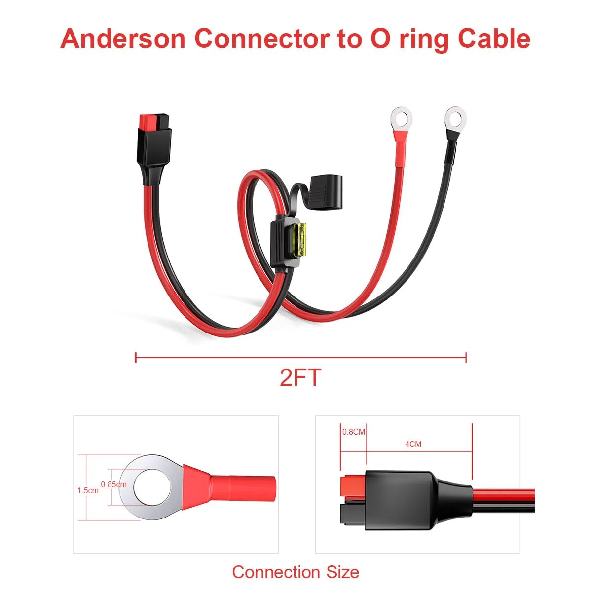 ELFCULB Conector Anderson a Terminal de Anillo O 10AWG Cable Conector de Batería con 5 Fusibles para Estación de Energía Portátil Automotriz Generadores Solares (2FT)