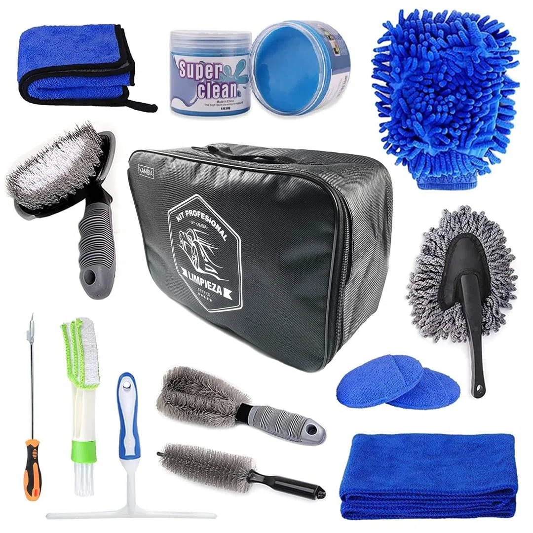 KAMBIA Kit Limpieza Coche Profesional, Detailing Coche Interior y Exterior, 14 Productos Limpieza Coche, Kit Limpieza Moto, Incluye Gel Limpieza Coche.