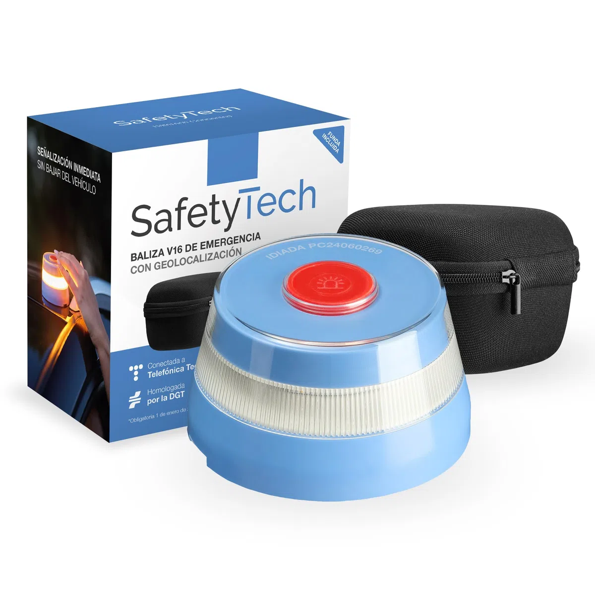 SafetyTech - Luz Emergencia Coche Homologado DGT, con SIM Telefónica y Datos Gratis hasta 2038, Baliza V16 Homologada DGT con Geolocalizador 3.0 + Funda Accesorios Coche, V16 con Geolocalización