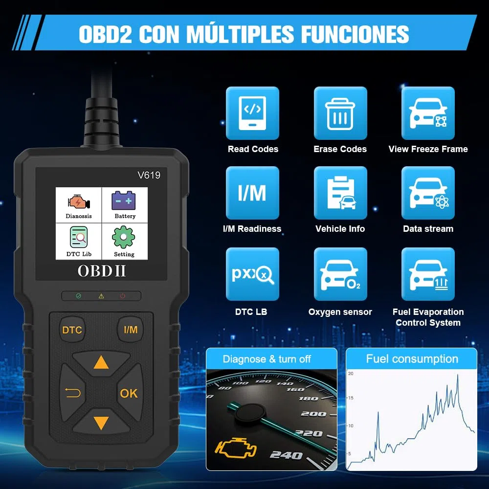 AWESAFE OBD2 Diagnosis Coche Multimarca con Pantalla, Escáner y Lector de Códigos de Fallos (DTC) para Automóviles, Herramienta de Diagnóstico con Prueba EVAP/Apague MIL/Curva de Datos/Sensores O2