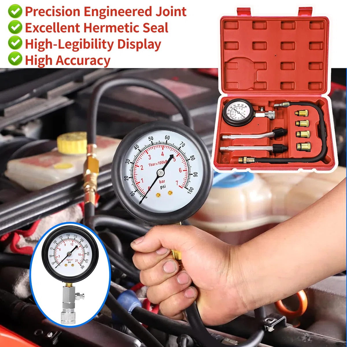 Zorplex Probador de Compresión de Motor Kit, Comprobador de Compresión 0-21 Bar / 0-300 PSI con Manómetro y Probador de Bujías, M10 M12 M14 M18, para Automóviles, Motores de Gasolina (Rojo)